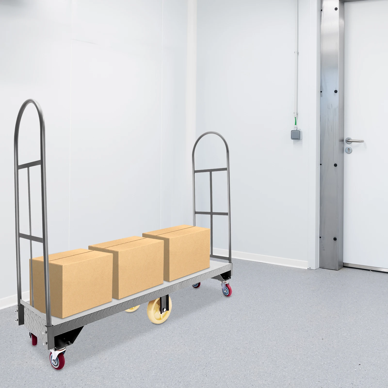 U-Boat Steel Cart 2000LBS Capacity, U-Shaped Platform Truck with 6 Wheels 64.6x15.7 Inch, Heavy Duty Rolling Dolly for Warehouse