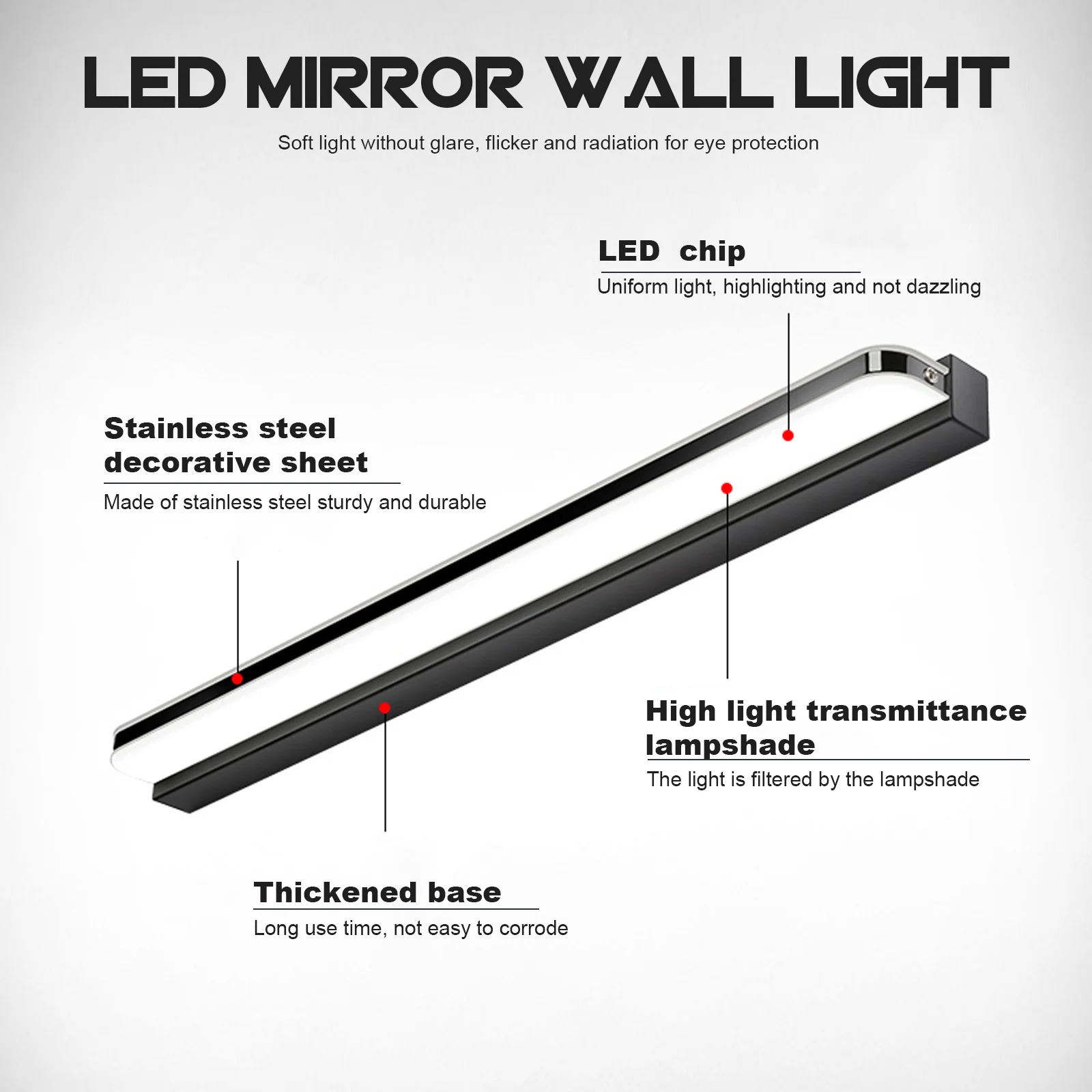 

LED Mirror Wall Light Stainless Steel Acrylic 52cm Eye Protection Bright Light for Bedroom Bathroom Makeup Mirror
