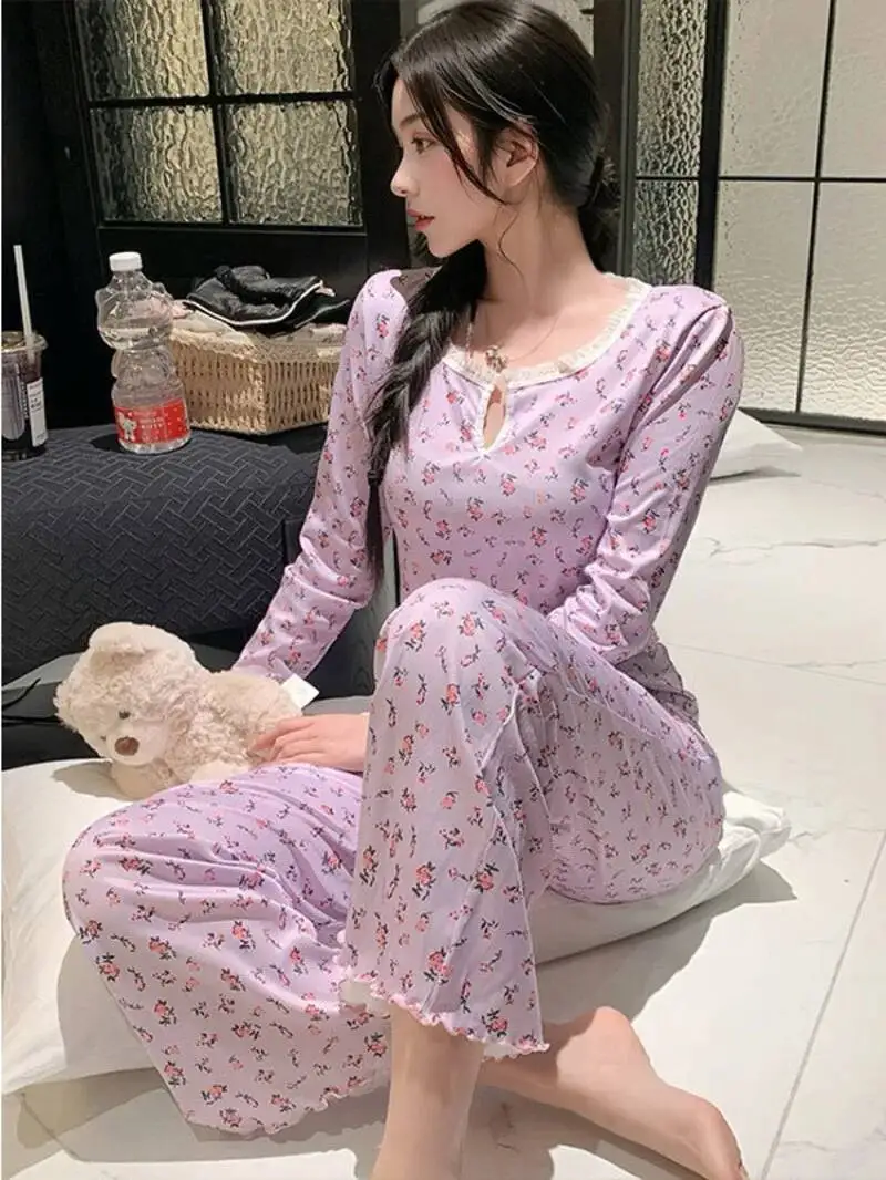 

Autumn Winter Home Clothes Sexy Casual Fashion Long Sleeved Pants Pajamas Two-piece Set For Women Sweet Pants Set Sweet AV5H