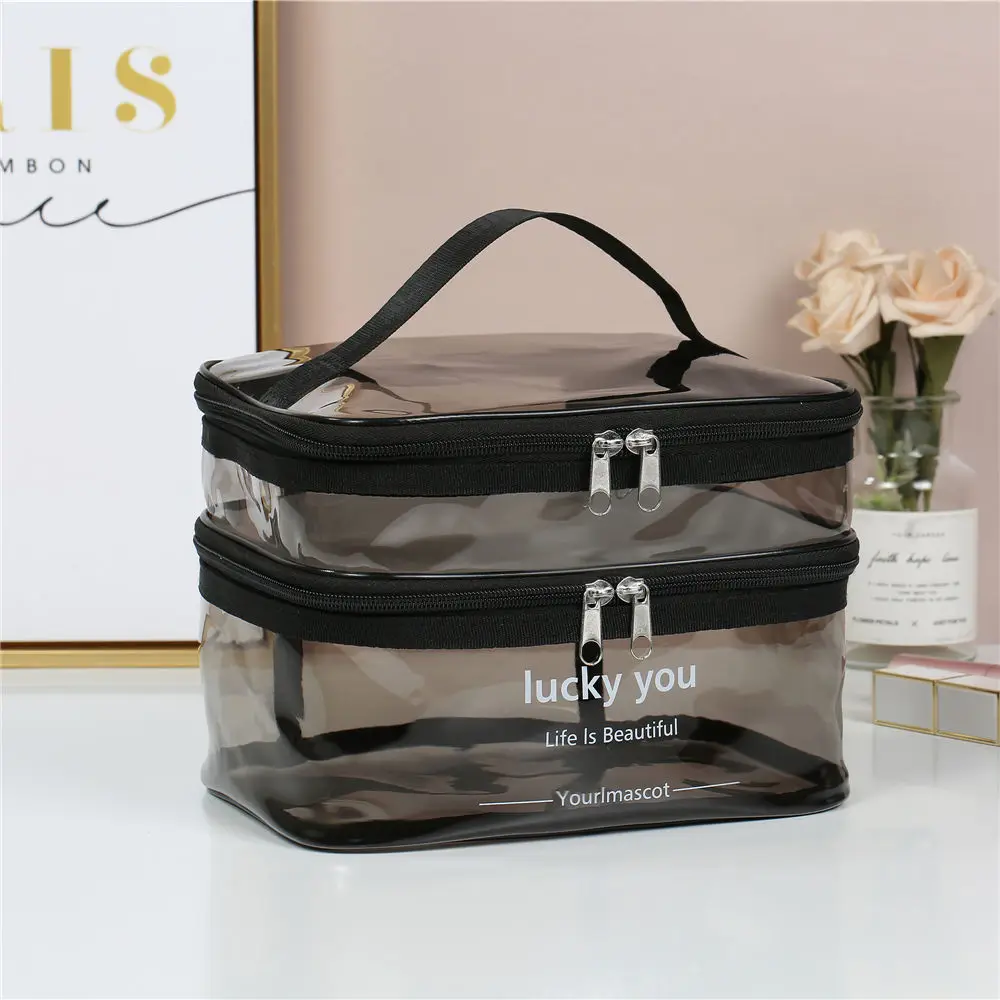 1Pc Double layer transparent makeup bag, large capacity portable toiletries bag box, waterproof cosmetics travel storage bag