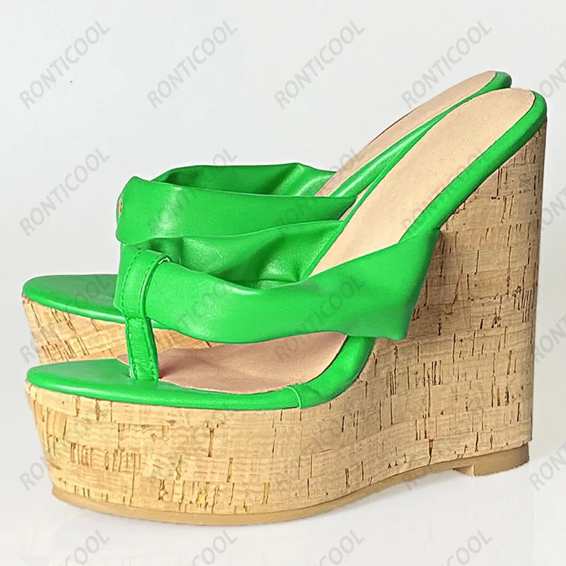 Ronticool 2021 Women Summer Platform Mules Sandals Flip-Flop Sexy Wedges Heels Open Toe Elegant Beige Casual Shoes US Size 5-20
