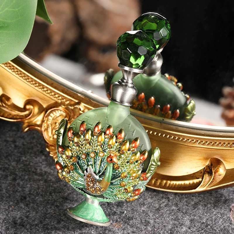 7ml Peacock Refillable Empty Perfume Bottle Metal Enamel Vintage Peacock Display Decor Emerald Cap Green Glass Dripper Gift Box