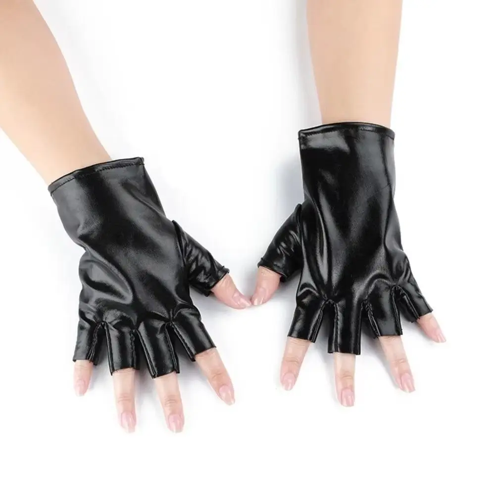 Punk Style Patent Leather Gloves Fashionable Pu Leather Half Finger Gloves Breathable Lacquer Leather Glossy Stage Gloves