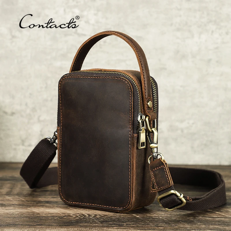 CONTACT\'S Men\'s Bag Designer Genuine Leather Men Small Shoulder Bag Vintage Crossbody Messenger Male Purse Phone Bags Handbag