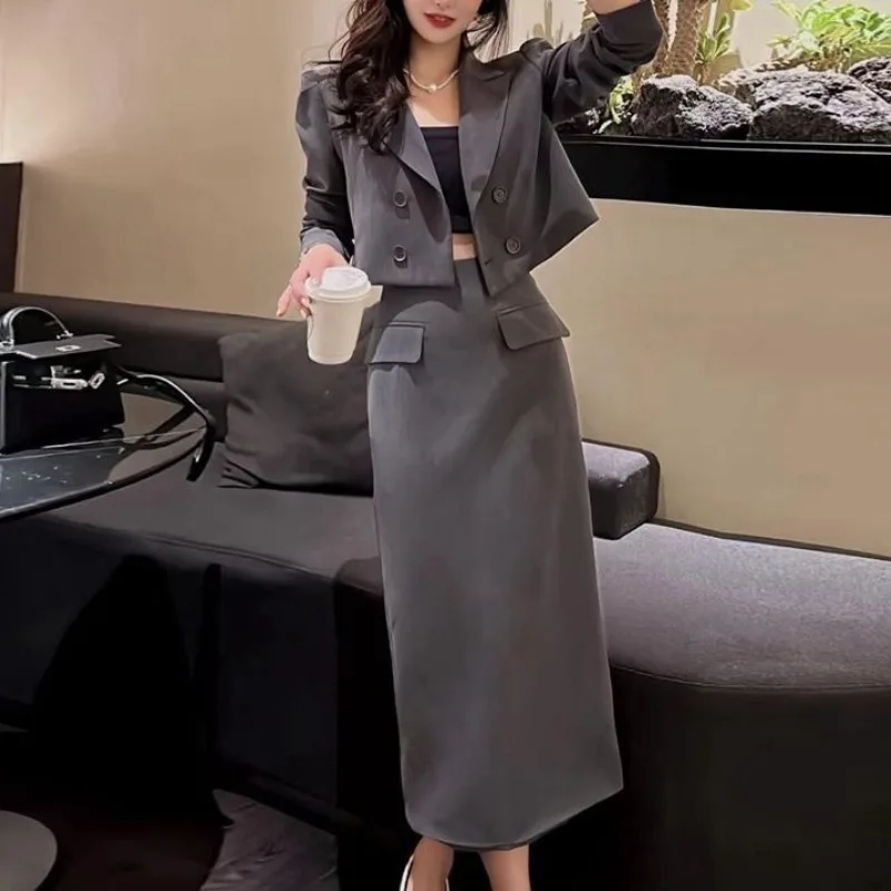 Women\'s 2023 Spring and Autumn Suit Collar Spliced Button Zipper Fashion Solid Color Short Coat Long Dress Versatile Casual Suit