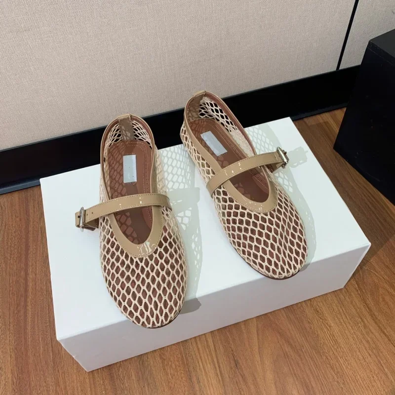 

High end mesh single buckle ballet shoes for women, rhinestone flat shoes with hollowed out fishing nets, Mary Jane single shoes