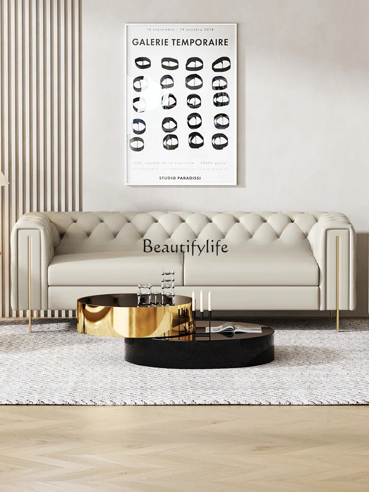 

FG10Light Luxury Leather Sofa Leather Art Pull Buckle Modern American Living Room Leather Sofa
