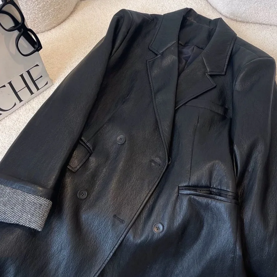 Women Faux Leather Suit Coats Solid Jacket Turn Down Collar Long Sleeve Double Breasted Loose Fit Office Lady Casual 2026 Autumn