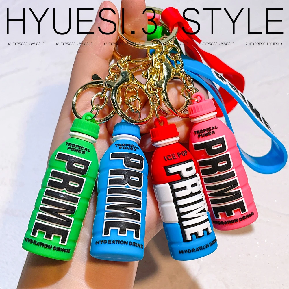 3D Prime Drink Bottles Keychains Pvc Soft Rubber Mini Beverage Charm Keyring With Wristlet Lanyard For Kids Backpack Decoration