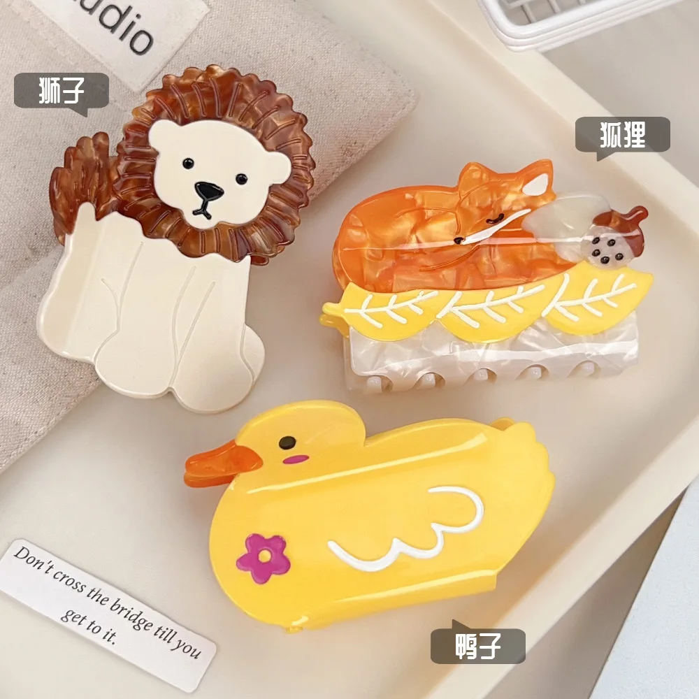 

Заколка из ацетата с рисунком льва, лисы, маленькая желтая утка, заколка для волос в виде животного, средний зажим в виде акулы, забавный зажим, завязанные в полузавязанные волосы, женские