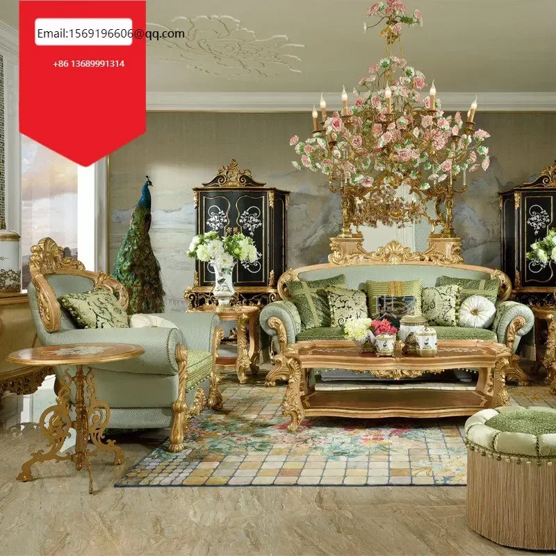 

Custom European sofa French all solid wood carving tea table luxury villa living room combination