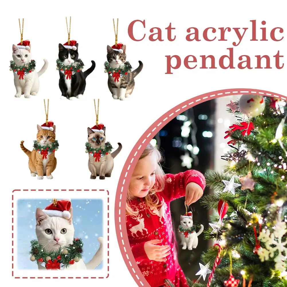 5PCS 2D Flat Acrylic Christmas Pendant Cat Xmas Wreath Bag Charm Pendant Car Hanging Ornament Funny Home Christmas Decoration