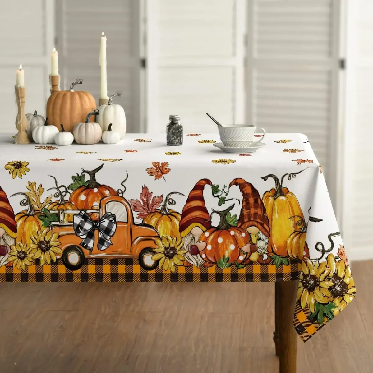 Autumn Rectangle Thanksgiving Fall Harvest Orange Truck Gnome Pumpkin Buffalo Check Tablecloth for Party Dinner Decoration