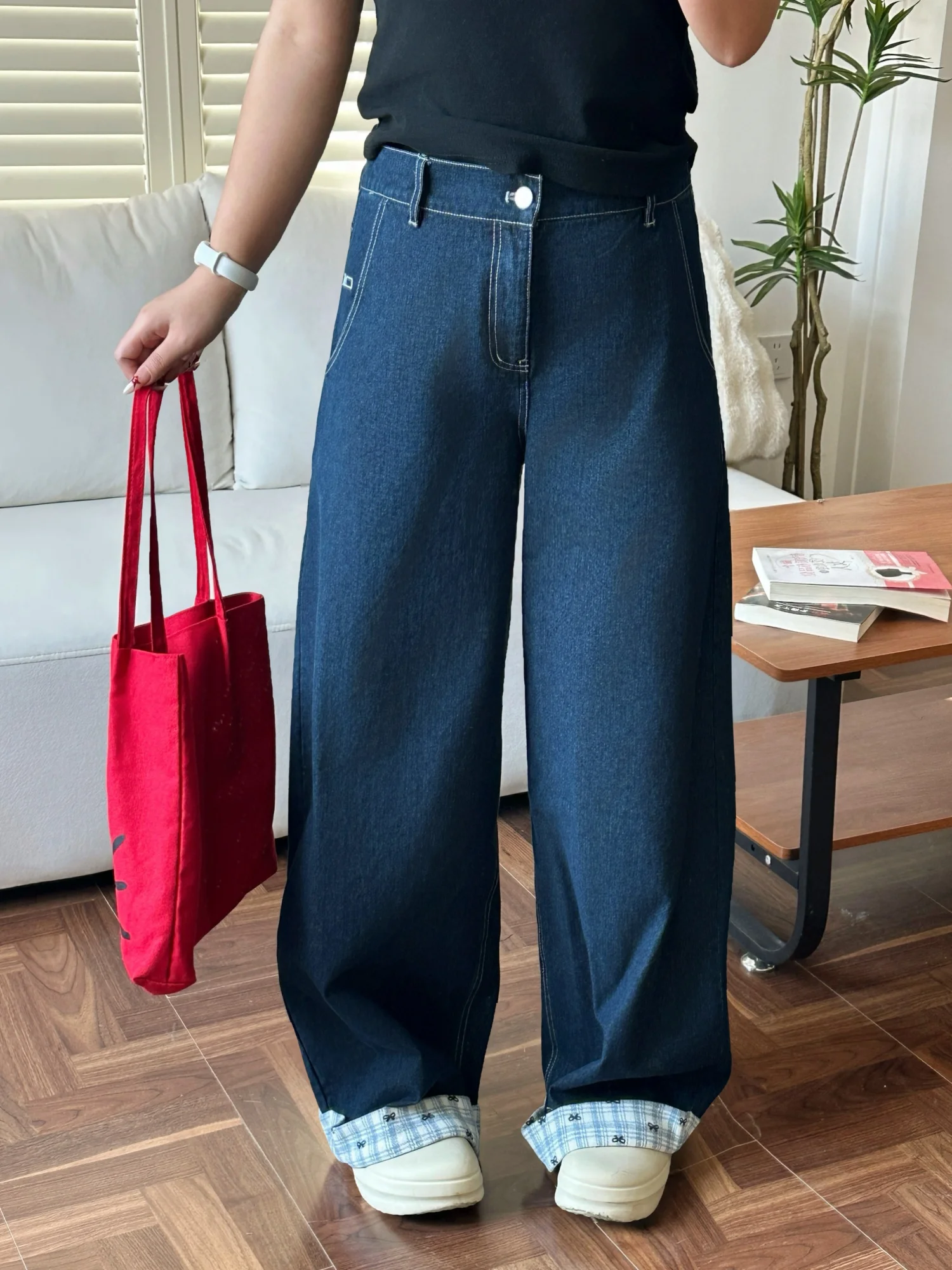 

Casual Wide Leg Patchwork Loose Versatile Slimming Spring American Retro Denim Jeans for plus Size Women High Waist Cotton Blend