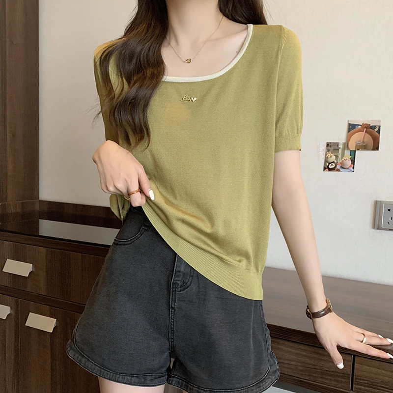 2023 Summer New Large Fat MM French Square Neck T-shirt Simple Versatile Loose Ice Silk Short Sleeve Top