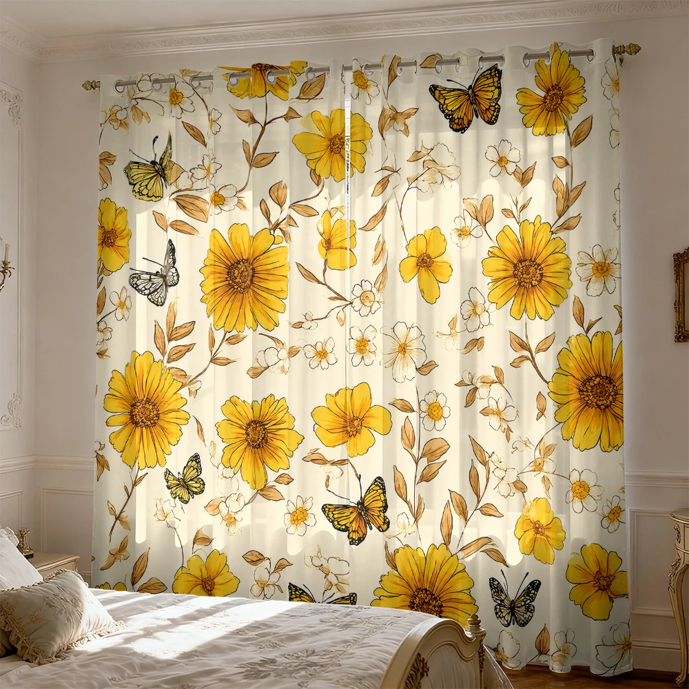 Retro Hand-painted Yellow Floral Butterfly 2pcs Blackout Curtains for Living Room Bedroom, Decorative Easy Installation,
