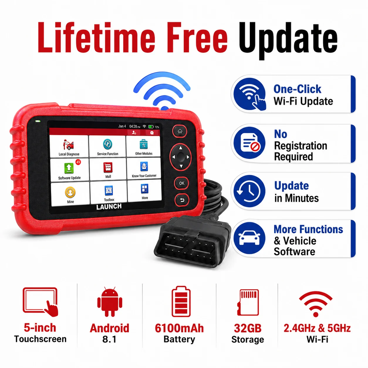 LAUNCH CRP129X V3.0 Auto Diagnostic Scanner, 4 Systems Code Reader, 12 Reset Services, AutoVIN, Lifetime Free WiFi Update