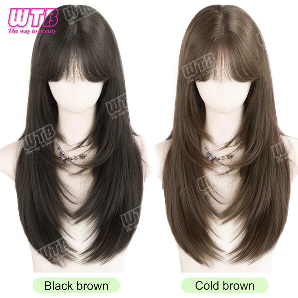 WTB WIGS Synthetic Wig with Bangs Long Brown Wigs for Women,Layered Heat Resistant Synthetic Wigs for Daily Use