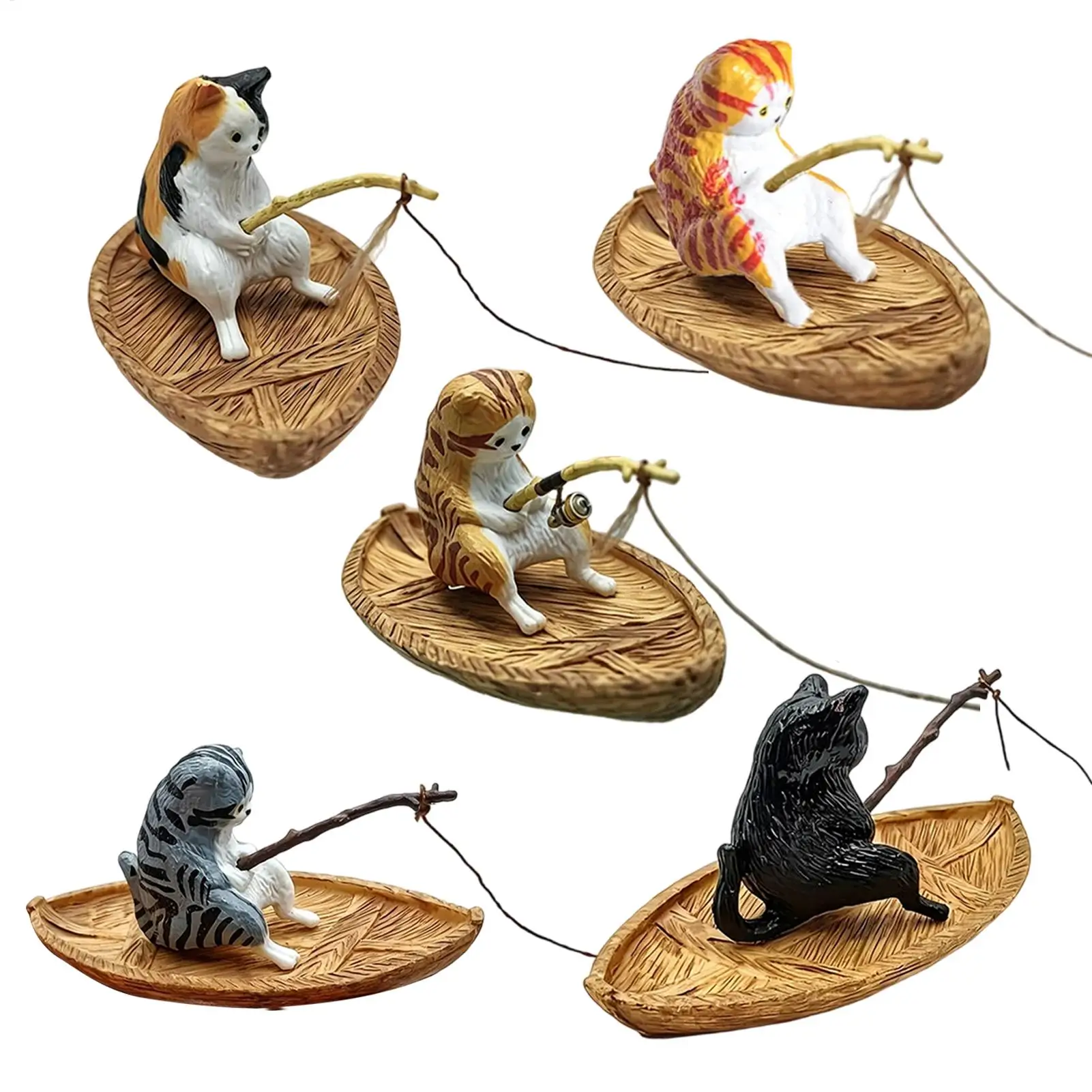Cute Kitten Fishing Floating Ornament Resin Cat Aquarium Decor with Fishing Rod Garden Pond Fish Tank Decoration for Home Office