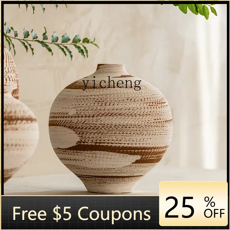 

B1 retro ceramic vase pottery pot new Chinese hand-painted homestay zen coarse pottery pot decorative ornament