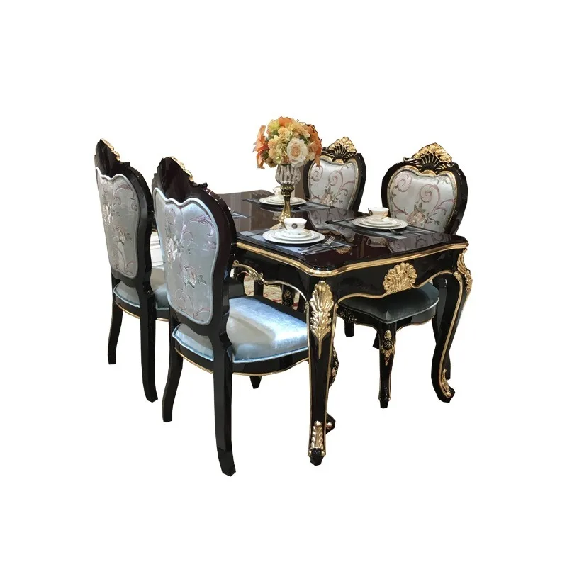 

French Solid Wood Dining Table and Chair Combination, European Style Burgundy Dining Table Solid Wood Carving Flower
