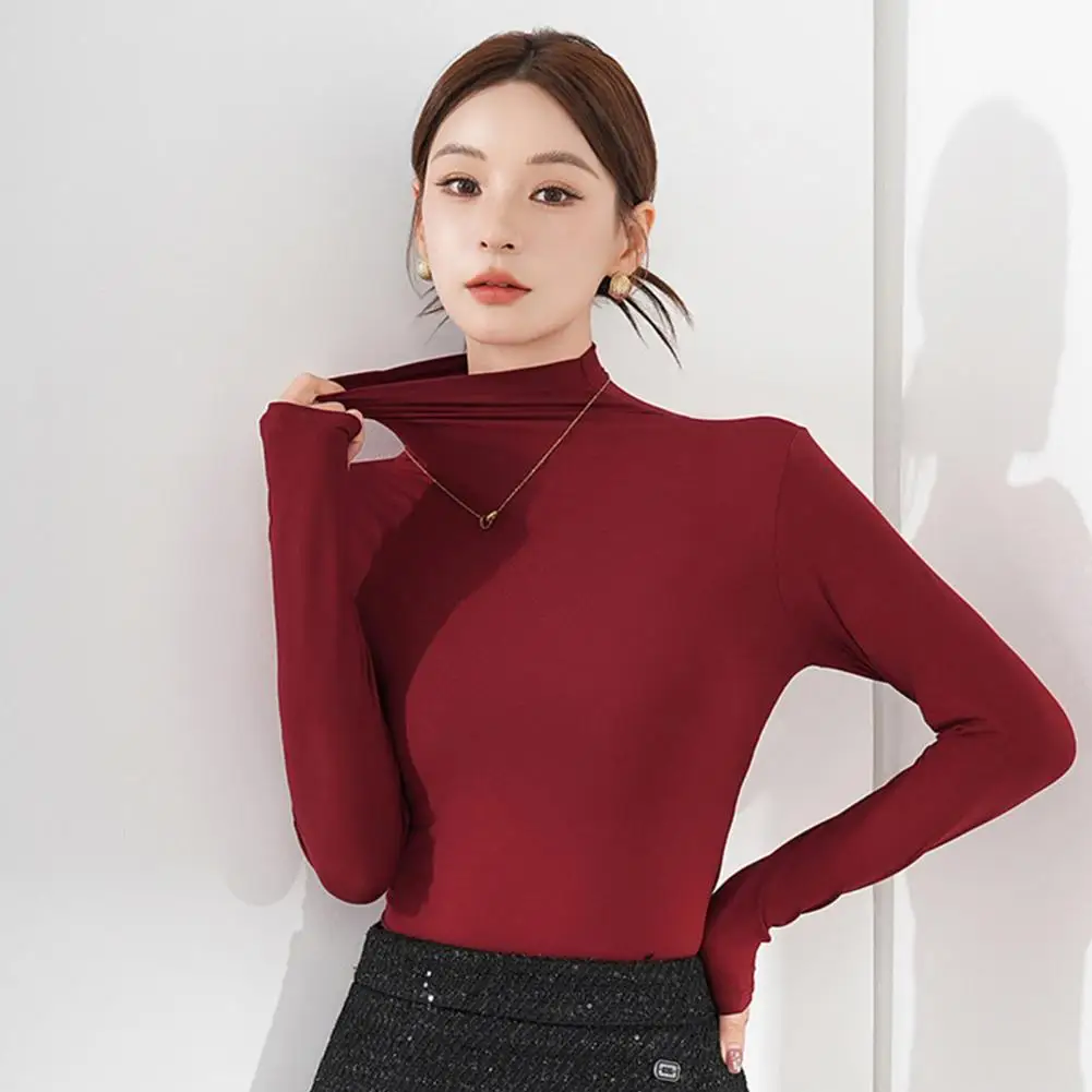 Fitted Top Women's Slim Fit Long Sleeve High Collar Pullover Blouse Lightweight Stretchy Casual Top for Bottoming Outfits Basic