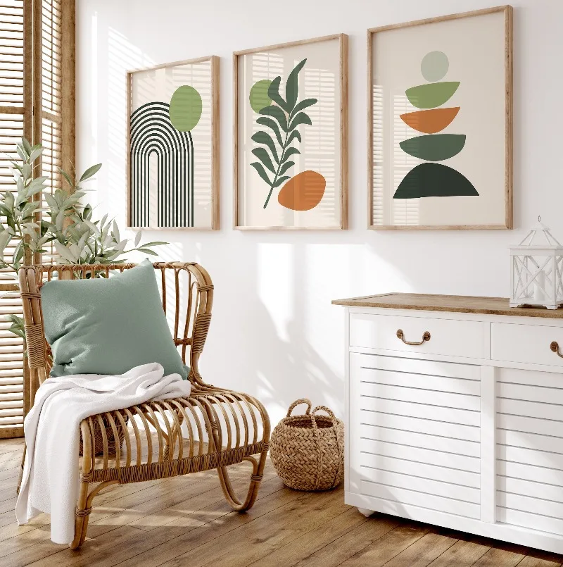 Boho Abstract Wall Art Prints, Boho Wall Decor, Set of 3 Prints, Scandi Art, Mid Century Prints, Sage, Boho Wall Art