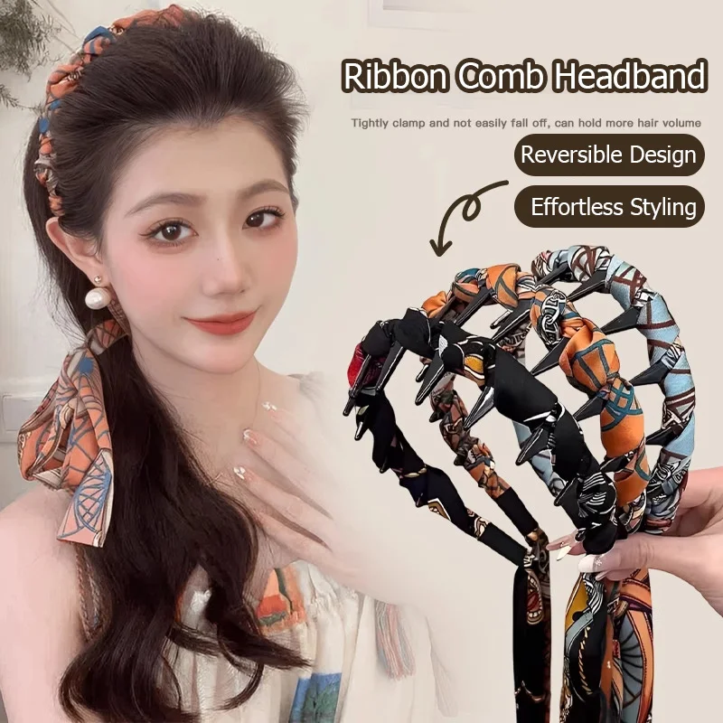 

Ribbon Comb Headband, Vintage Wave Headband With Floral Ribbon & Comb - Reversible High Crown Effect Hairband