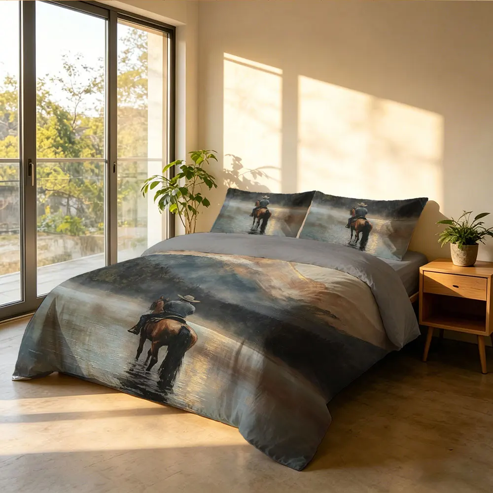 3pcs Oil Painting Mountain Lake Horseback Riding Cowboy Bedding Set 1 Duvet Cover 2 Pillowcases No Comforter Included Soft Co