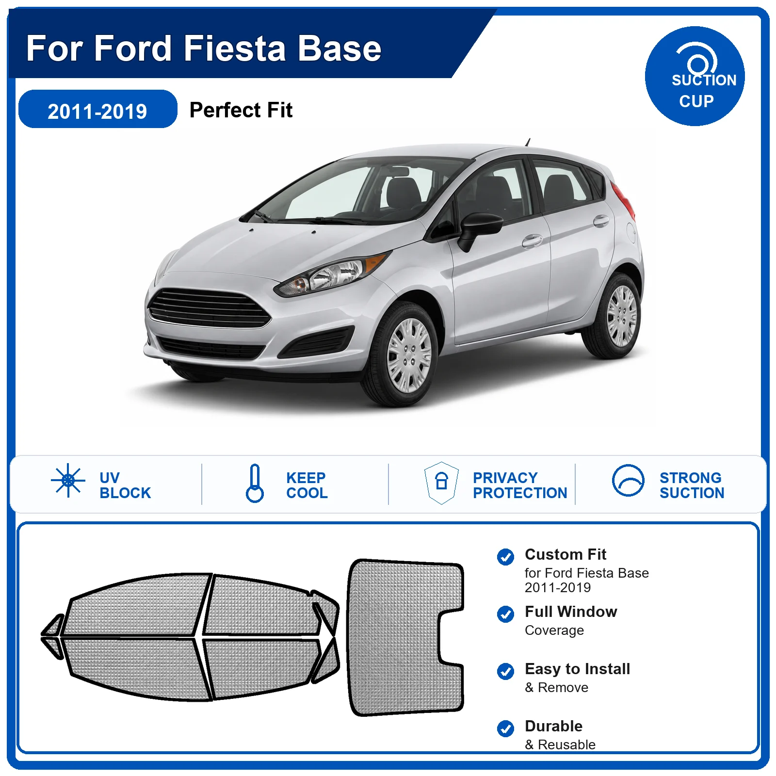 For Ford Fiesta Base 2011-2019 Custom Full Set Windshield Sun Shade Aluminum Foil Heat Insulation Anti UV Foldable