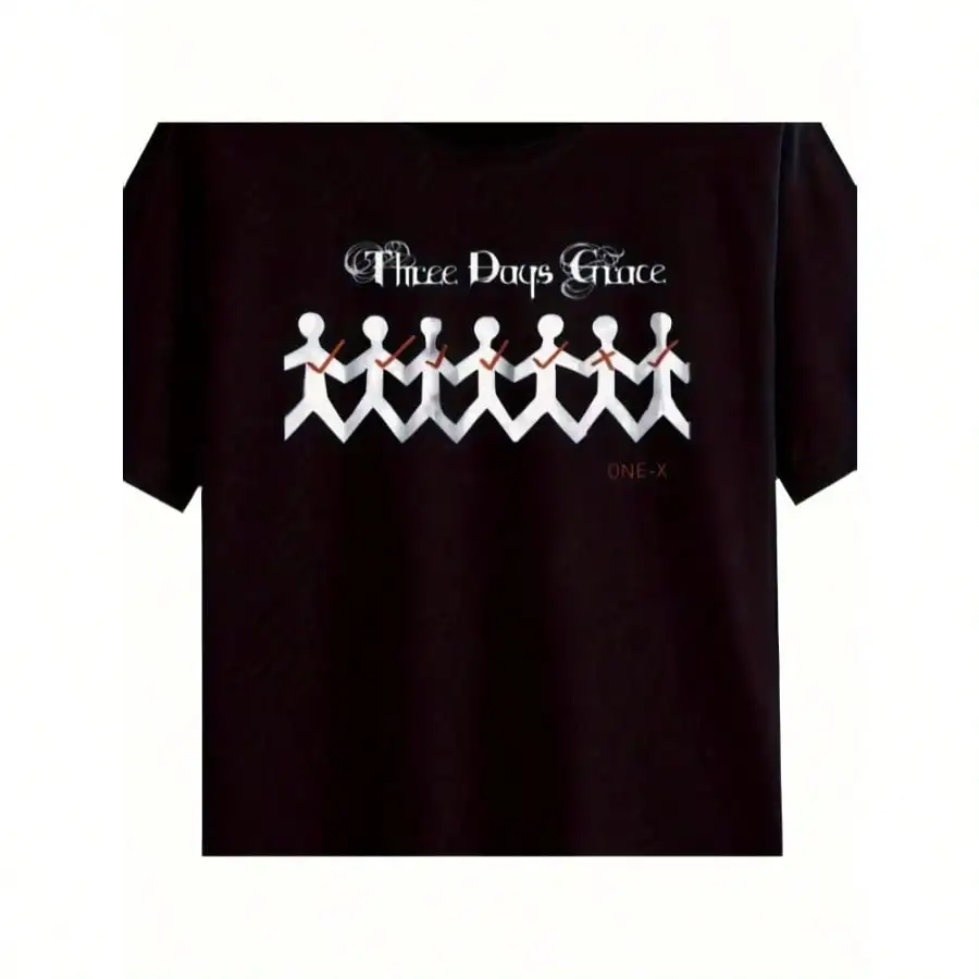 

Men's Three Days Grace One-X Band Graphic T-Shirt Black Cotton Crew Neck Tee With White Printed Silhouettes Casual Summer Short