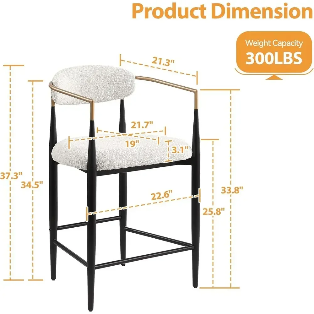 Set of 2 Upholstered Bar Stools with Gold Arms and Black Legs, 26 High Chairs for Kitchen Island or Home Bar