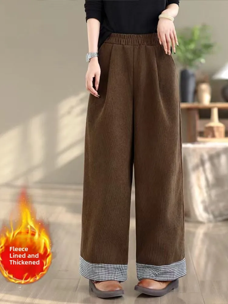

Thiened Fce вельветовые широкие брюки женские с высокой талией осень-зима большие размеры повседневные прямые брюки свободного покроя