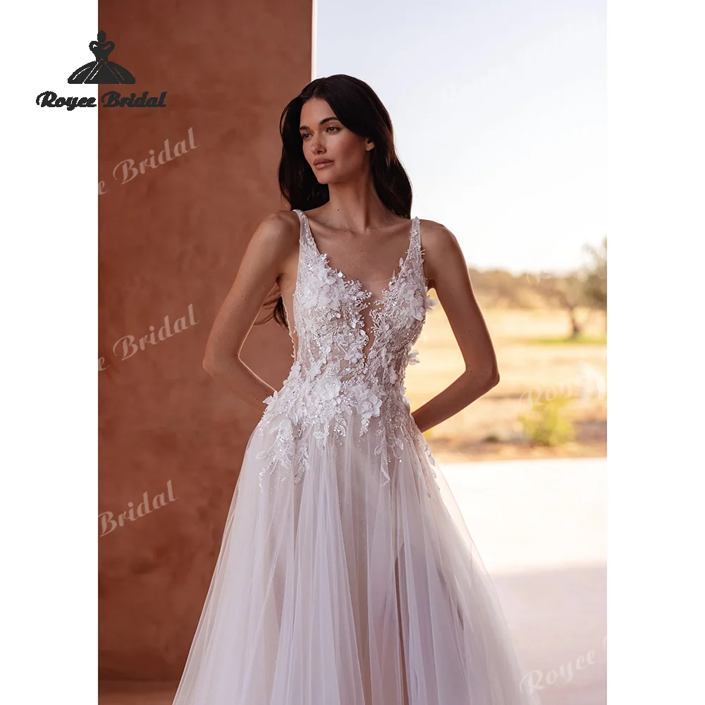 Suknie ślubne z tiulu z dekoltem w serek, aplikacjami, o kroju litery A, bez pleców, z trójwymiarowymi kwiatami i koralikami, na plażę, na zamówienie, vestido de novia 2026