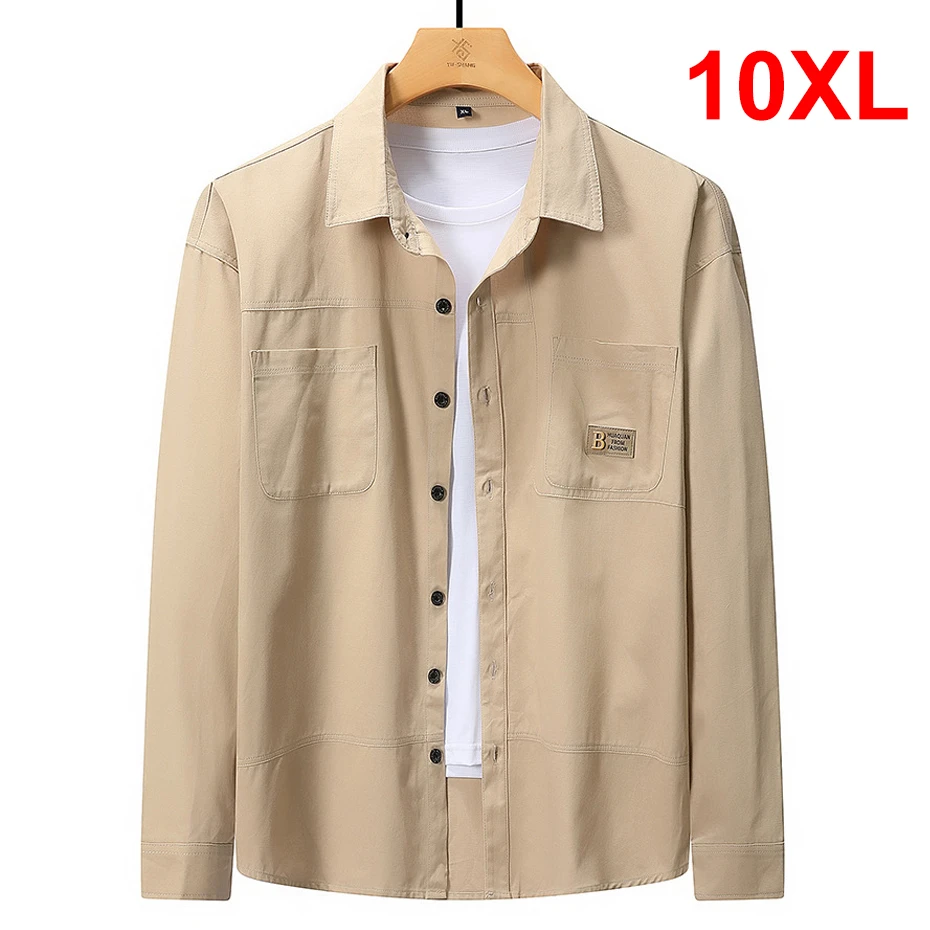

Plus Size 10XL Shirts Men Spring Autumn Long Sleeve Shirts Fashion Casual Solid Color Cargo Shirt Male Big Size 10XL Blouse