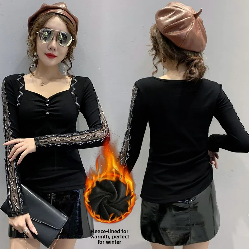 Faionable Me Fce T-shirt da donna lunga Sve Base attillata irt Commute Sle Versione coreana Stagione invernale V-ne Design