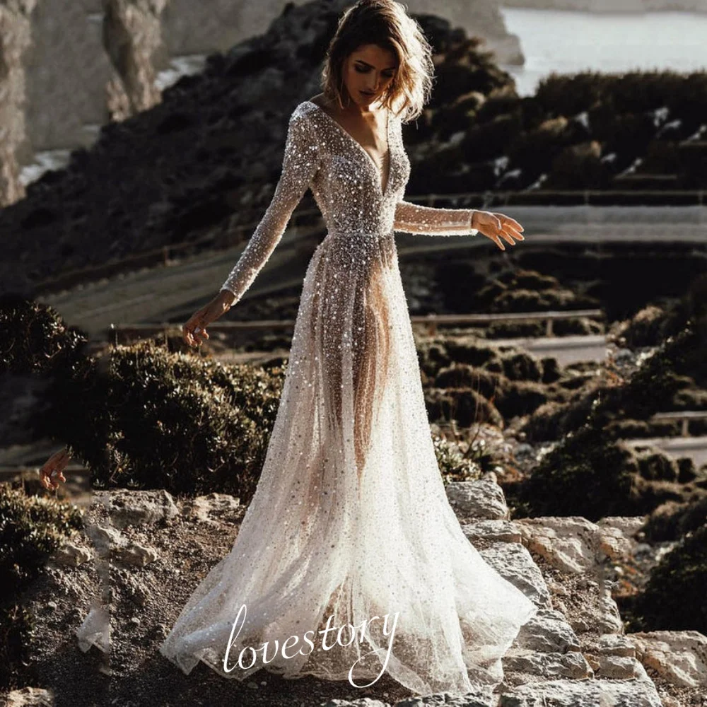 

Boho A-Line V Neck Wedding Dresses Illusion Diamond-covered Beach Bride Robe Long Sleeve Bridal Gown Vestidos De Noiva