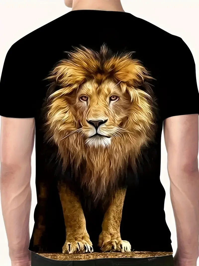 Men\'s Summer Fashion Casual 3D Printing Lion Pattern Trend Street Polyester Round Neck Short Sleeve T-shirt