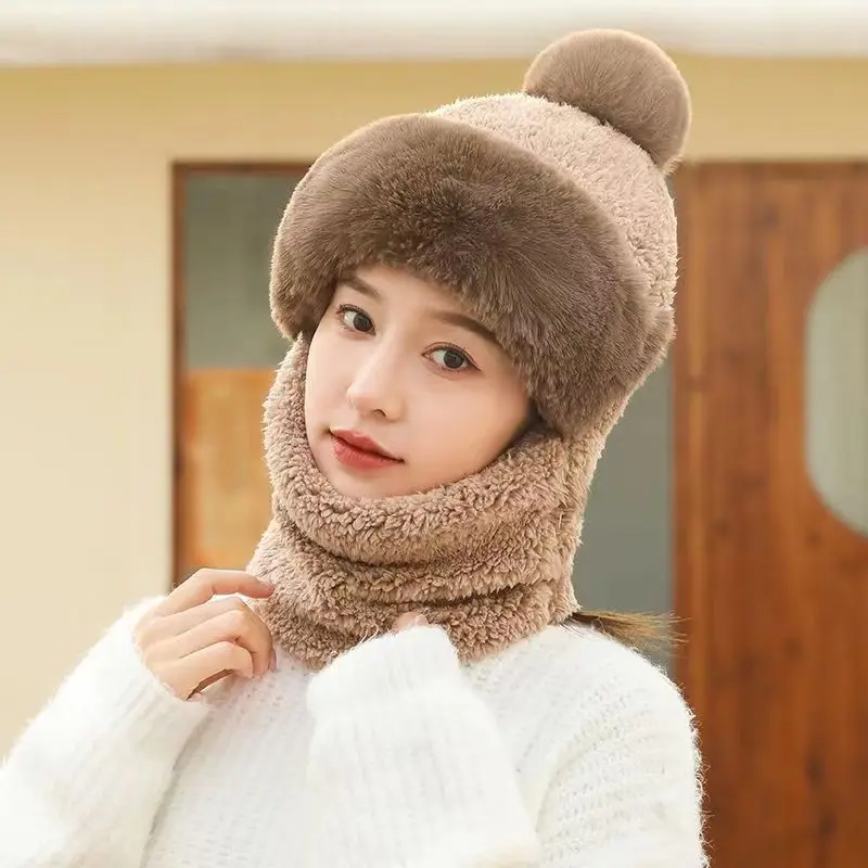 Women's Hat Winter Ear Protection Wind Outdoor Bib Mask Conjoined Wool Thickened Fluffy Fuzzy Warm Hat Exquisite Fashion Kawaii