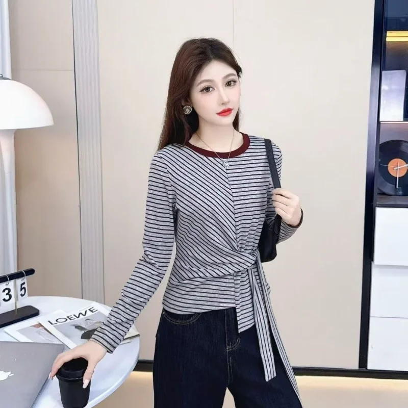 Korean Style Color Block Striped Long Sleeve T Shirt Women Tie Waist Slim Elegant Casual Ins Top