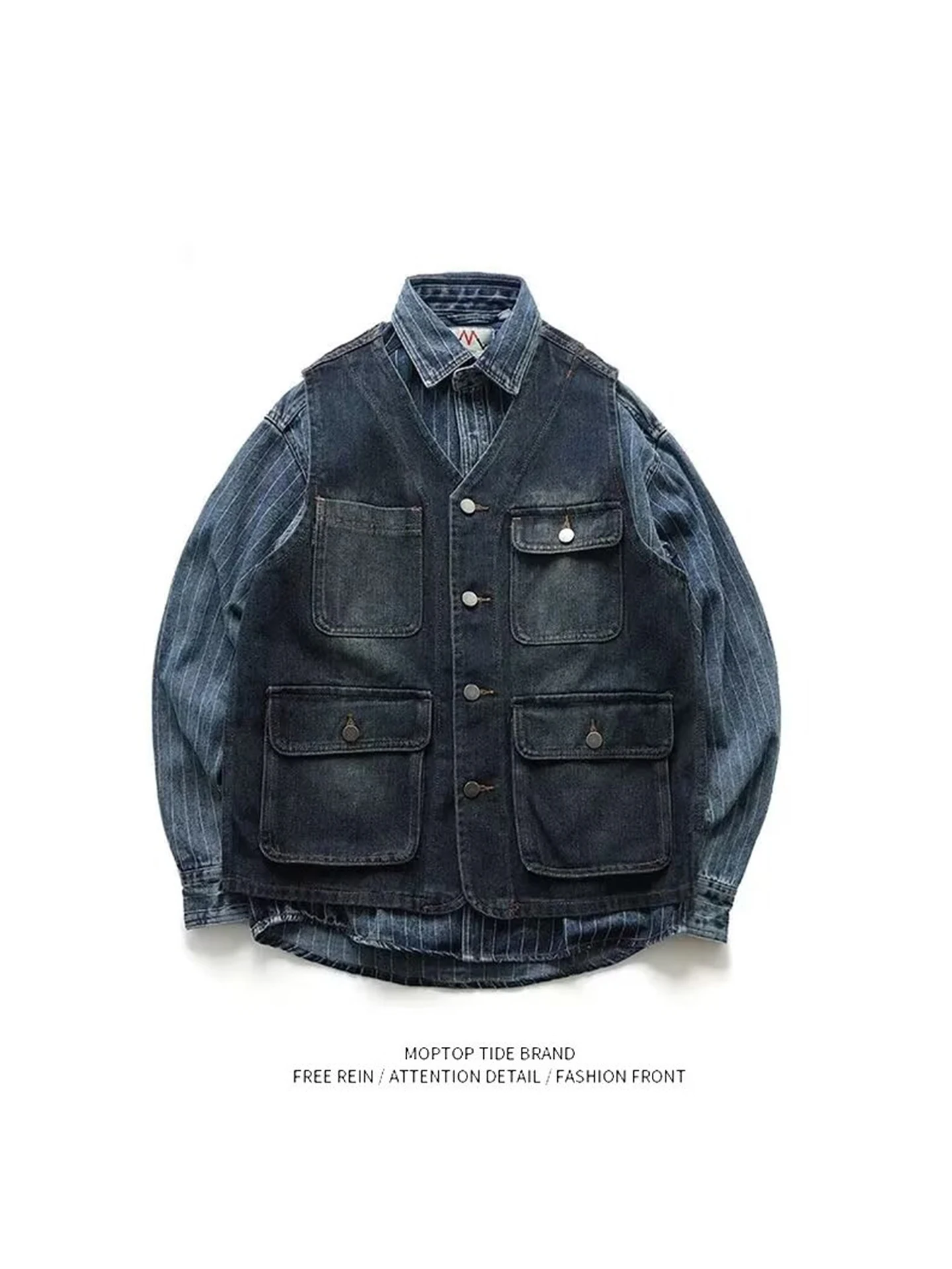 

Retro Waed Japanese Sle Loose Casual Denim Vest Multi-ket Workwear Trendy Brand Men's Outerwear for All Seasons