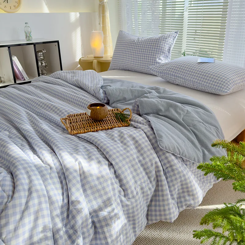 Plaid Printed Soybean Fiber Summer Quilt Soft Quilted Air Condition Blanket for Home Skin-Friendly Single Double Size Comforter