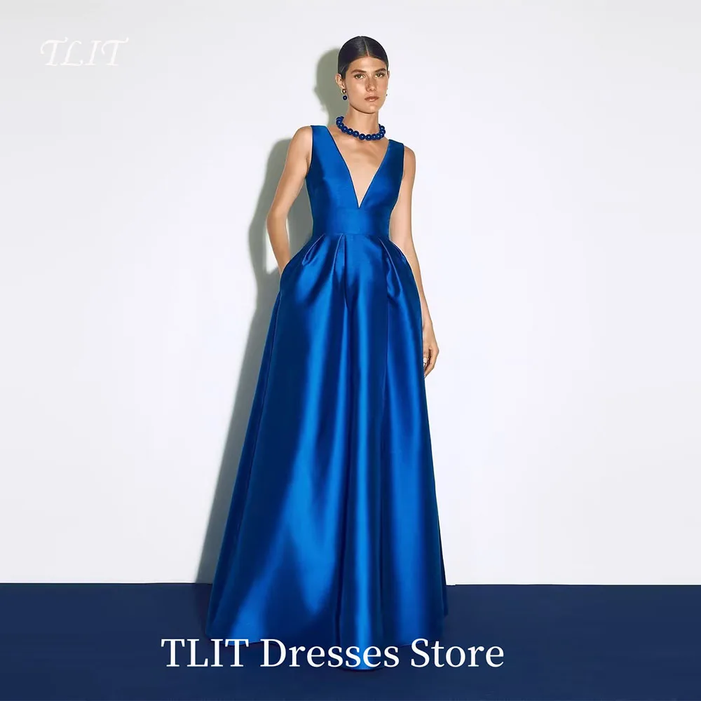 TLIT Blue Taffeta Women's Evening Dresses Sleeveless Prom Gowns Customized Party Sexy Deep V-Neck Backless Vestidos Para Mujer