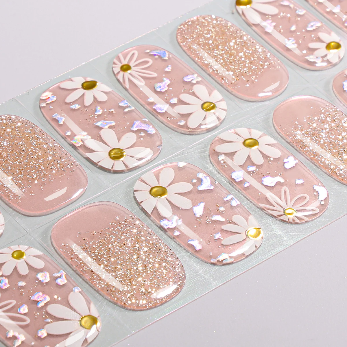 16Tips Glitter Flowers Gel Nail Strips Full Cover Aurora Cherry Blossoms Baking-Free Gel Nail Sticker DIY Manicure Decoration