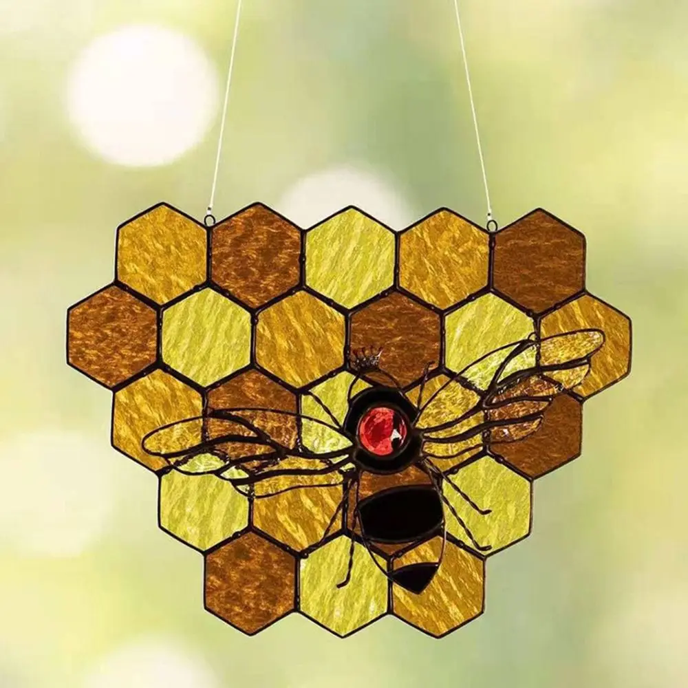 1PC Honeycomb Hanging Ornament Cartoon Bee Sun Catcher Farmhouse Garden Yard Acrylic Home Decorations Window Sunshade Novelty