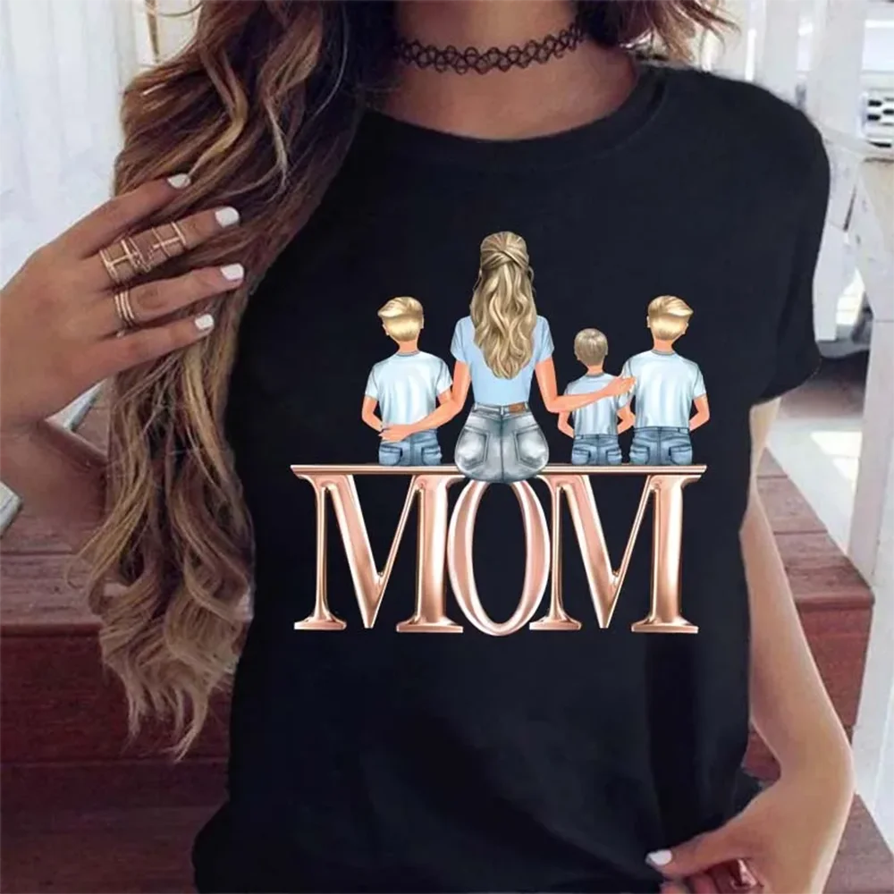 Plus Size Maycaur Women T Shirt Cartoon Mom with Son Shirt Fashion Print Casual Woman Tee Ladies Female T-shirt Short Sleeve Top