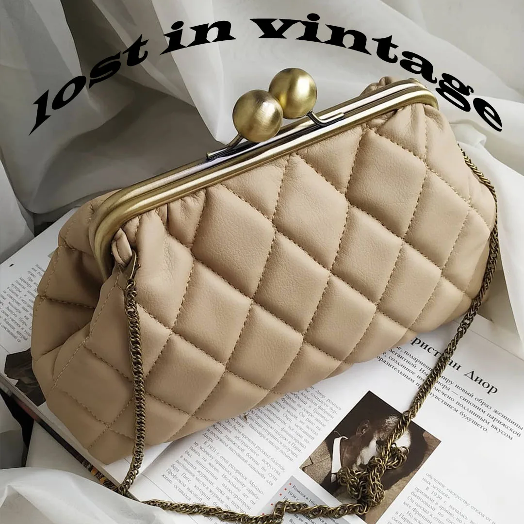 Lost in Vintage Bag Diamond Grid Bronze Ball Kiss Lock Clutch Clac Clip Bag Large Ball Metal Frame Clutchs 30x23x8cm