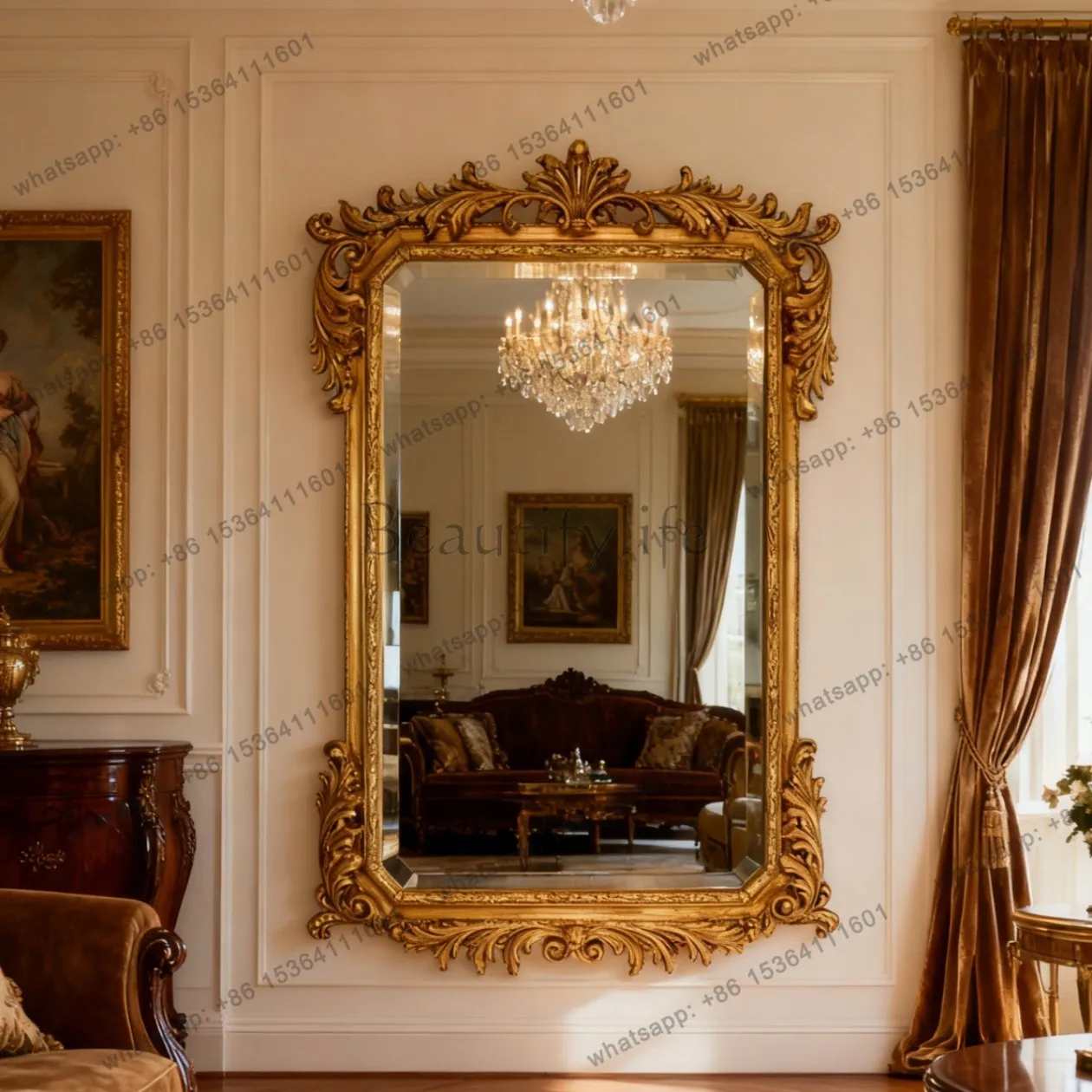 yj9 European style light luxury square carved border hanging wall mirror French retro court style decorative mirror