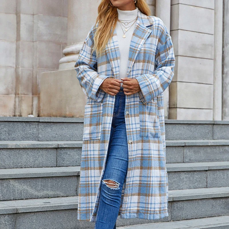 

Fashion 2023 Autumn and Winter New Blue and White Plaid Long-sleeved Pocket Ladies Cardigan Windbreaker Women's Mid-length Coat