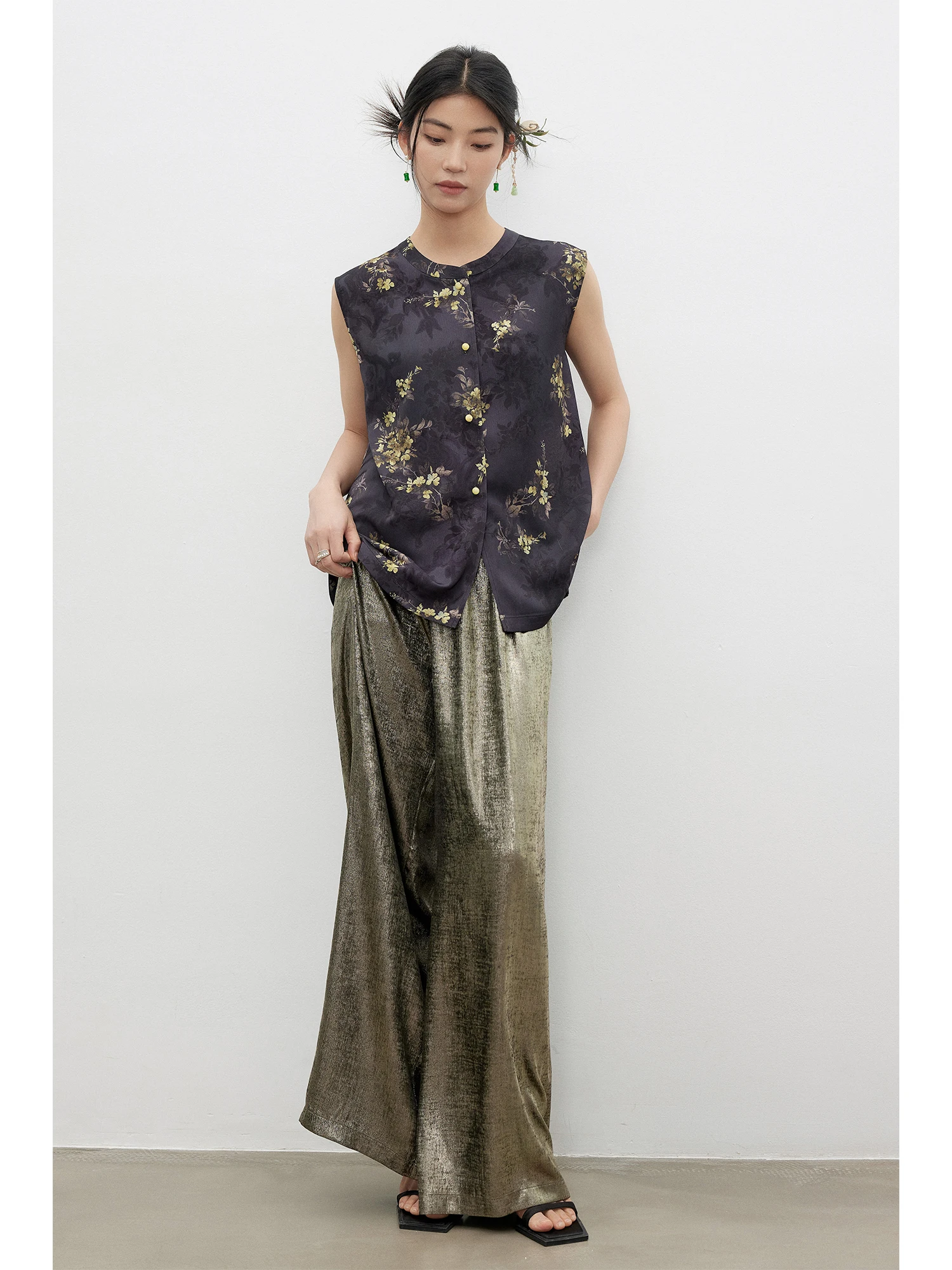 

owyee High Waist Straight Leg Wide Leg Pants Metallic iny Tead Casual Trousers Chinese Sle Faionable Ethnic Wind